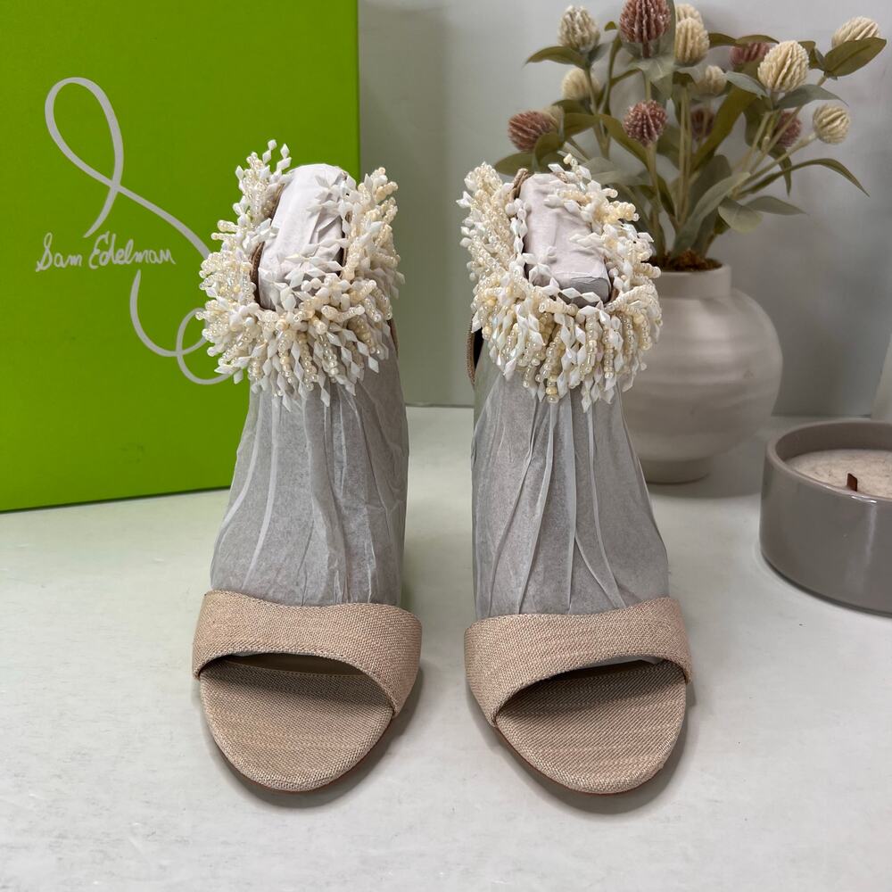 Sam Edelman Gillie Linen Beaded Shell Ankle Strap Heel Sand Heels Women 8M NWB - Picture 2 of 11